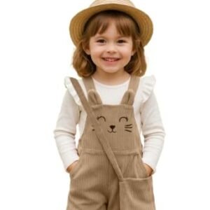 Girls Beige Bunny Embroidered Corduroy Dungaree Set with Crossbody Bag
