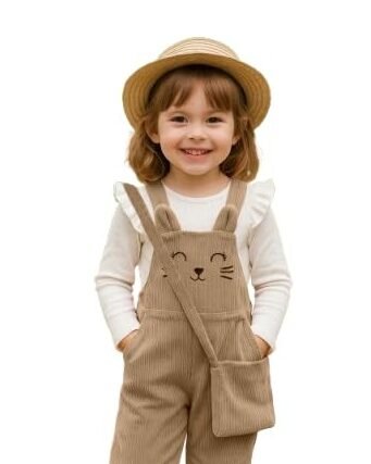 Girls Beige Bunny Embroidered Corduroy Dungaree Set with Crossbody Bag
