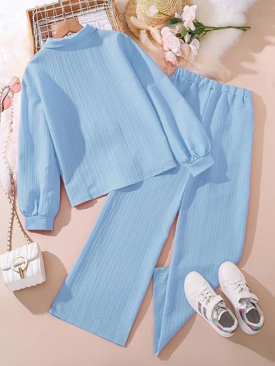 Sky Blue Textured Long Sleeve Shirt and Wide-Leg Trouser Co-Ord Set - Image 2