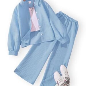 Sky Blue Textured Long Sleeve Shirt and Wide-Leg Trouser Co-Ord Set