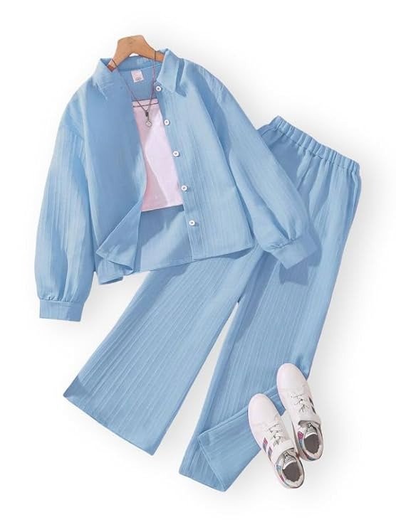 Sky Blue Textured Long Sleeve Shirt and Wide-Leg Trouser Co-Ord Set