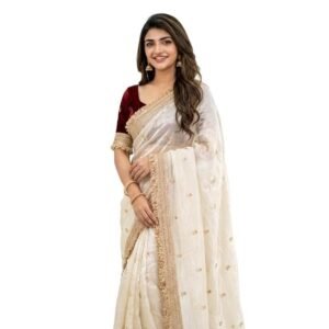 Elegant Off-White Silk Blend Saree with Gold Zari Booti & Fringe Border
