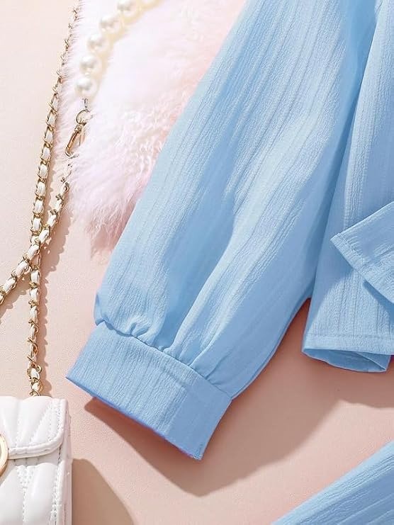 Sky Blue Textured Long Sleeve Shirt and Wide-Leg Trouser Co-Ord Set - Image 4