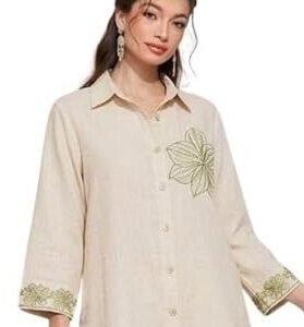 Beige Linen-Blend Embroidered Shirt Tunic & Wide-Leg Trouser Co-Ord Set