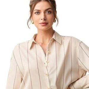 Beige Vertical Striped Oversized Button-Down Shirt