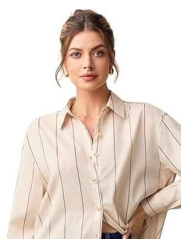 Beige Vertical Striped Oversized Button-Down Shirt