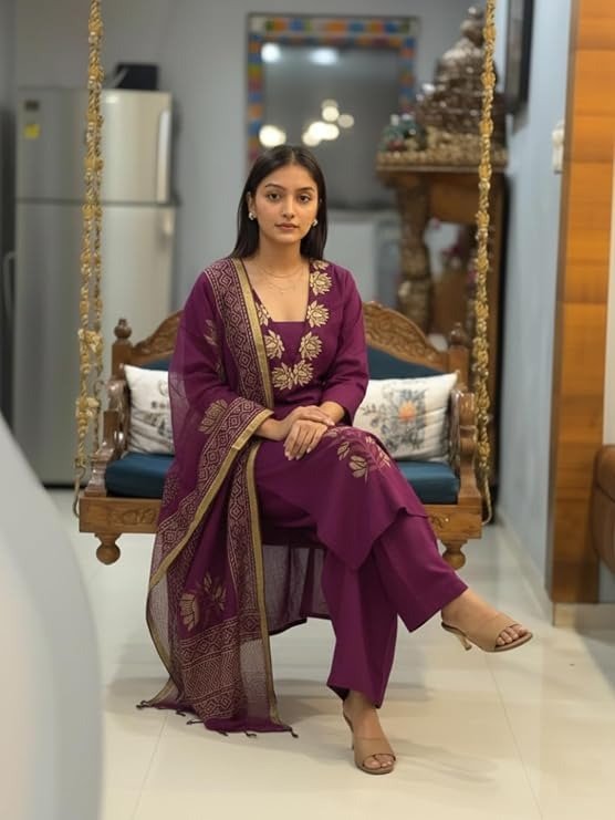 Deep Purple Lotus Embroidered Silk Blend Kurta Set with Organza Dupatta - Image 5
