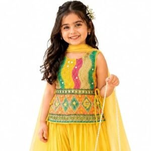 Girls Bright Yellow Embroidered Tunic with Flared Pants, Dupatta & Sling Bag Set