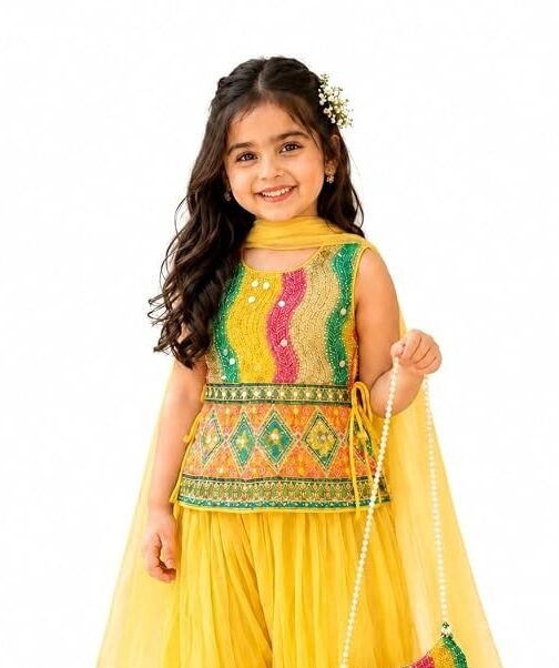 Girls Bright Yellow Embroidered Tunic with Flared Pants, Dupatta & Sling Bag Set