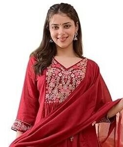Crimson Red Floral Embroidered Silk Blend Anarkali Suit Set with Dupatta