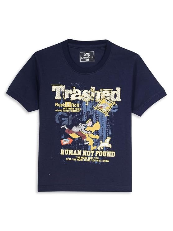 Boys Navy Blue Graphic Printed T-Shirt & Denim Shorts Set - Image 3