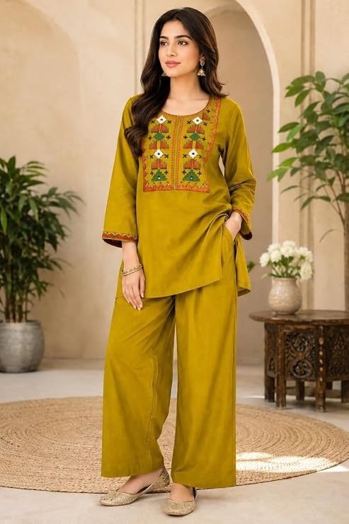 Olive yellow Geometrical Embroidered Short Kurti with Wide-Leg Palazzo Co-Ord Set - Image 3
