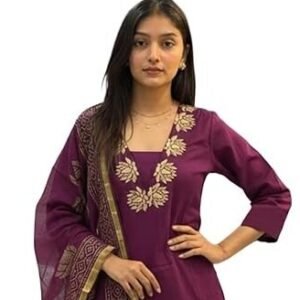 Deep Purple Lotus Embroidered Silk Blend Kurta Set with Organza Dupatta