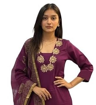 Deep Purple Lotus Embroidered Silk Blend Kurta Set with Organza Dupatta