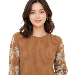 Mustard Brown Rib-Knit Sweater with White Floral Sleeve Embroidery
