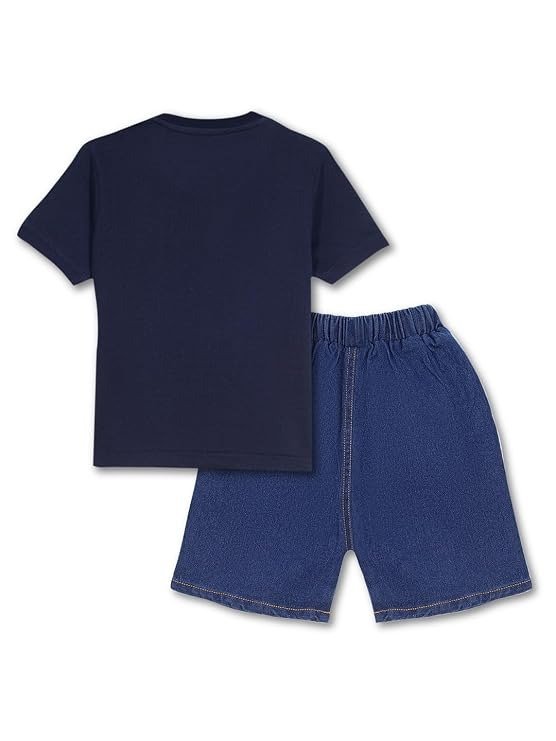 Boys Navy Blue Graphic Printed T-Shirt & Denim Shorts Set - Image 4