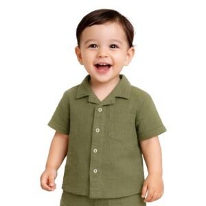 Boys Olive Green Textured Short-Sleeve Shirt & Matching Shorts Set