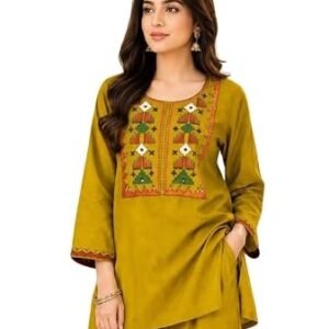 Olive yellow Geometrical Embroidered Short Kurti with Wide-Leg Palazzo Co-Ord Set