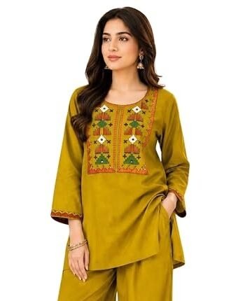 Olive yellow Geometrical Embroidered Short Kurti with Wide-Leg Palazzo Co-Ord Set