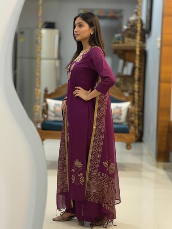 Deep Purple Lotus Embroidered Silk Blend Kurta Set with Organza Dupatta - Image 3