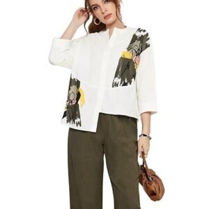Off-White Abstract Floral Patch Asymmetric Tunic & Olive Cropped Trouser Co-Ord Set