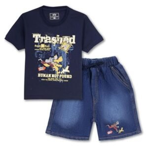 Boys Navy Blue Graphic Printed T-Shirt & Denim Shorts Set