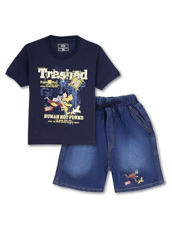 Boys Navy Blue Graphic Printed T-Shirt & Denim Shorts Set