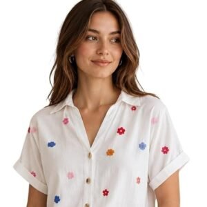White Floral Embroidered Short Sleeve Button-Down Shirt