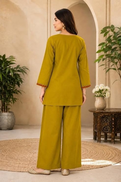 Olive yellow Geometrical Embroidered Short Kurti with Wide-Leg Palazzo Co-Ord Set - Image 2