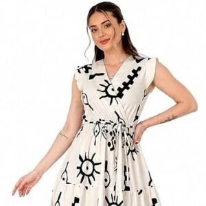 Off-White & Black Tribal Printed Tiered Wrap Maxi Dress with Waist Tie