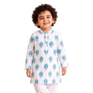 Boys White & Sky Blue Floral Printed Cotton Kurta Pyjama Set