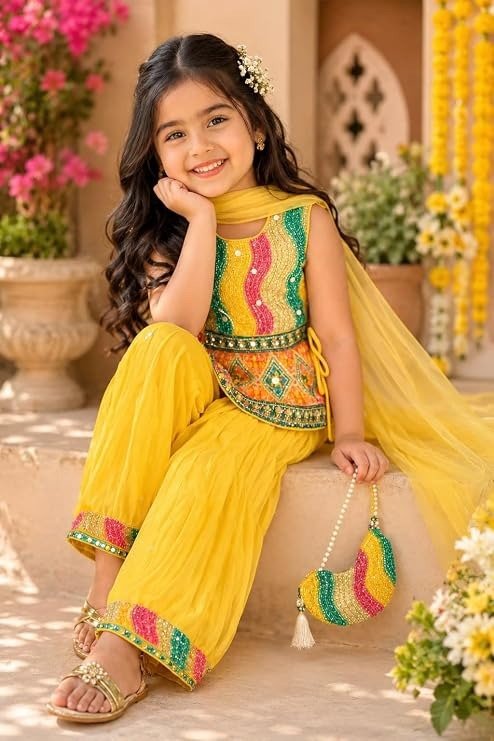 Girls Bright Yellow Embroidered Tunic with Flared Pants, Dupatta & Sling Bag Set - Image 4
