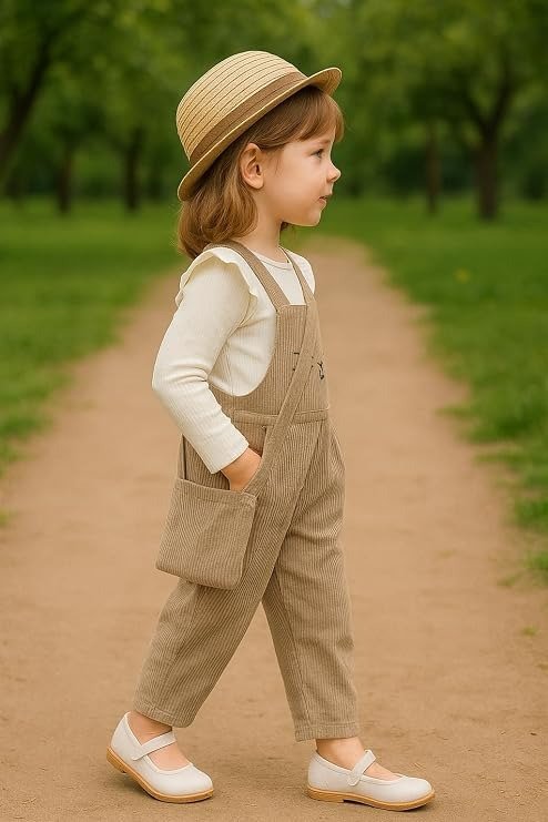 Girls Beige Bunny Embroidered Corduroy Dungaree Set with Crossbody Bag - Image 3