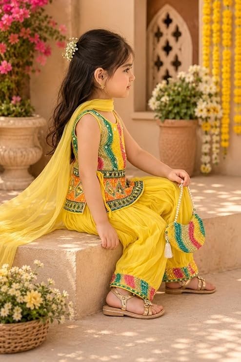Girls Bright Yellow Embroidered Tunic with Flared Pants, Dupatta & Sling Bag Set - Image 3