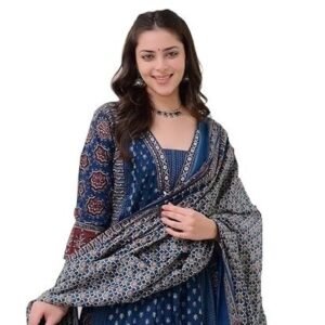 Indigo Blue Floral Block Printed Cotton Anarkali Suit Set with Dupatta