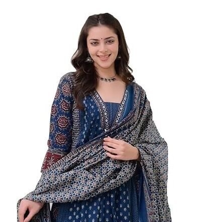Indigo Blue Floral Block Printed Cotton Anarkali Suit Set with Dupatta