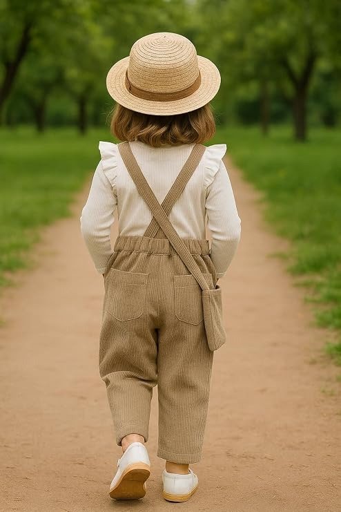 Girls Beige Bunny Embroidered Corduroy Dungaree Set with Crossbody Bag - Image 6
