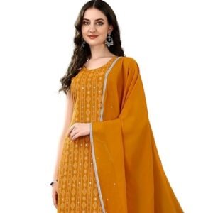 Mustard Yellow Embroidered Straight Kurta with Flared Palazzo & Dupatta Set