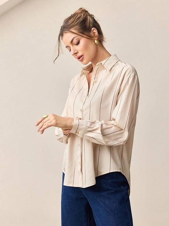 Beige Vertical Striped Oversized Button-Down Shirt - Image 3