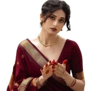 Royal Deep Wine Silk Blend Saree with Gold Zari Border & Traditional Booti Work