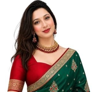 Exquisite Emerald Green Silk Saree with Intricate Gold and Red Embroidery