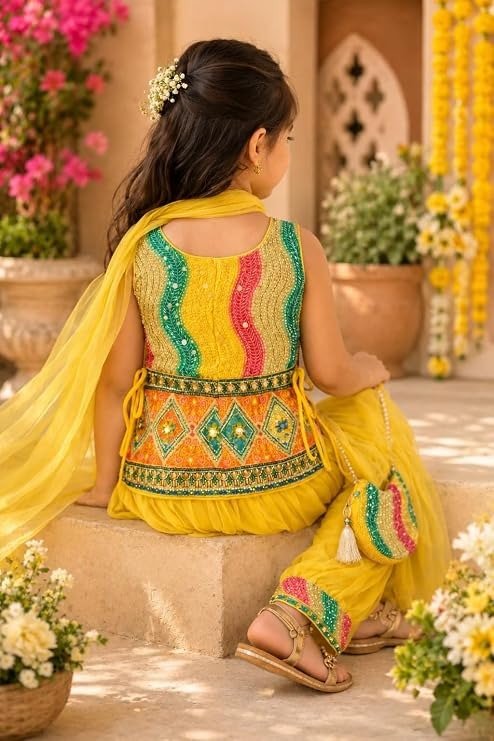 Girls Bright Yellow Embroidered Tunic with Flared Pants, Dupatta & Sling Bag Set - Image 2