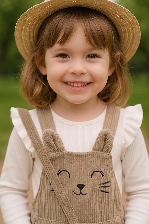 Girls Beige Bunny Embroidered Corduroy Dungaree Set with Crossbody Bag - Image 5