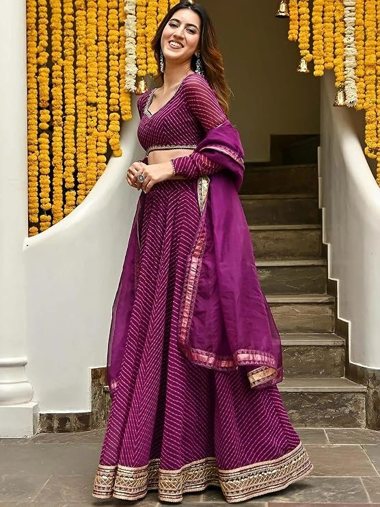 Women's Leheriya Print Pure Georgette New Semi Stitched Lehenga Choli With Dupatta (Latest-Stylish-Wedding-Designer-New) - Image 3