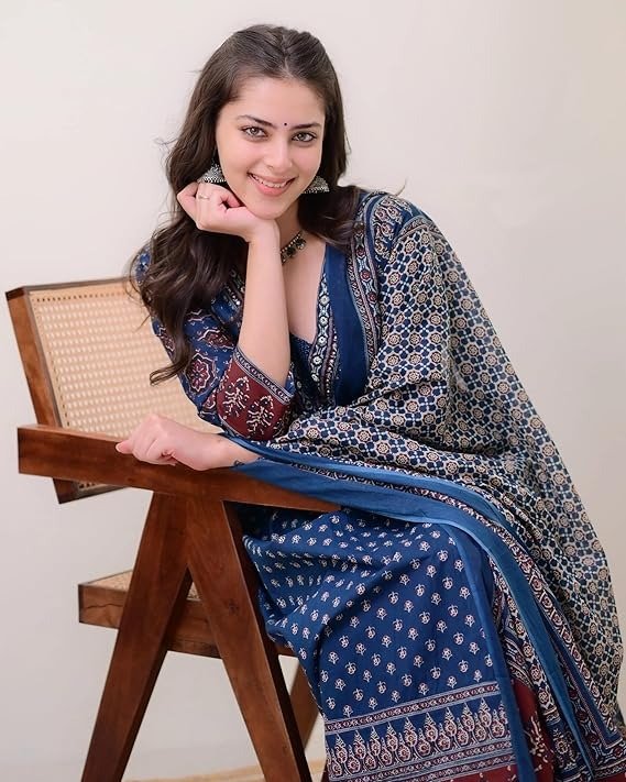 Indigo Blue Floral Block Printed Cotton Anarkali Suit Set with Dupatta - Image 2