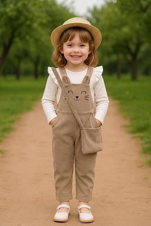 Girls Beige Bunny Embroidered Corduroy Dungaree Set with Crossbody Bag - Image 2