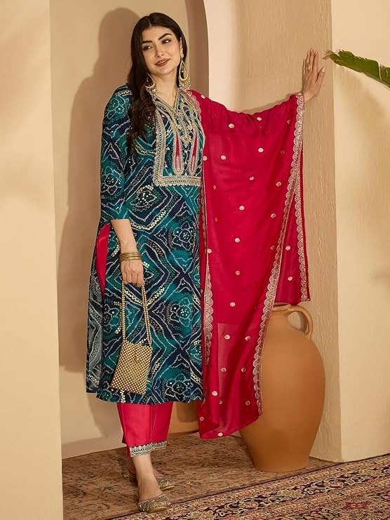 EthnicJunction Women's Rayon Bandhani Print and Embroidered Kurta Salwar and Dupatta Set | - Image 4