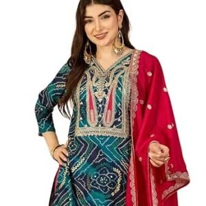 EthnicJunction Women's Rayon Bandhani Print and Embroidered Kurta Salwar and Dupatta Set |