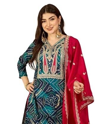 EthnicJunction Women's Rayon Bandhani Print and Embroidered Kurta Salwar and Dupatta Set |