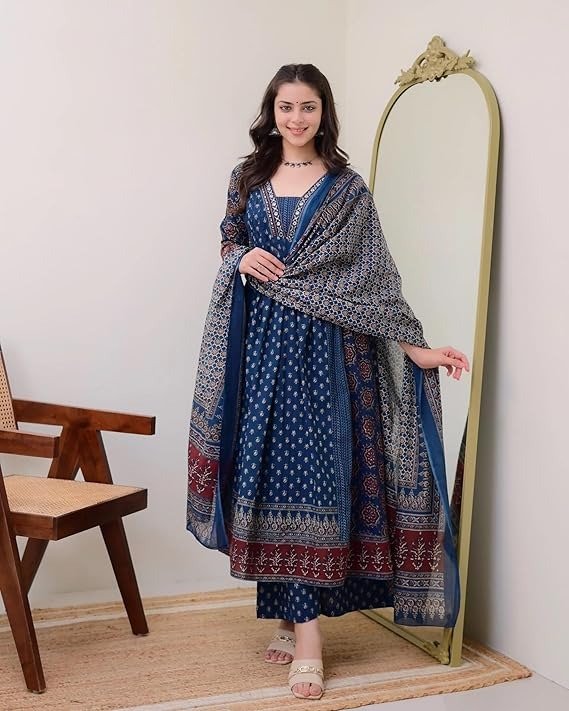 Indigo Blue Floral Block Printed Cotton Anarkali Suit Set with Dupatta - Image 5